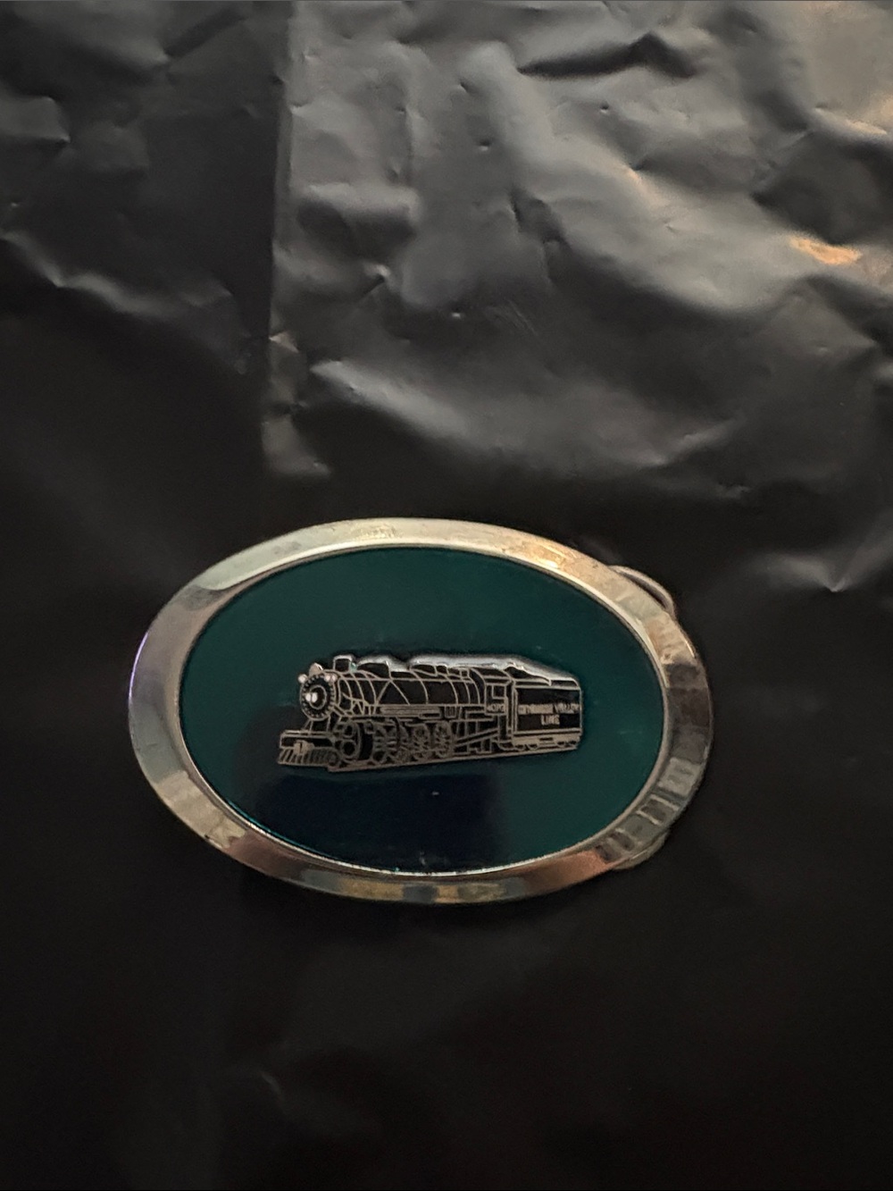 Men's Green Enamel Oval Metal Belt Buckle with Train